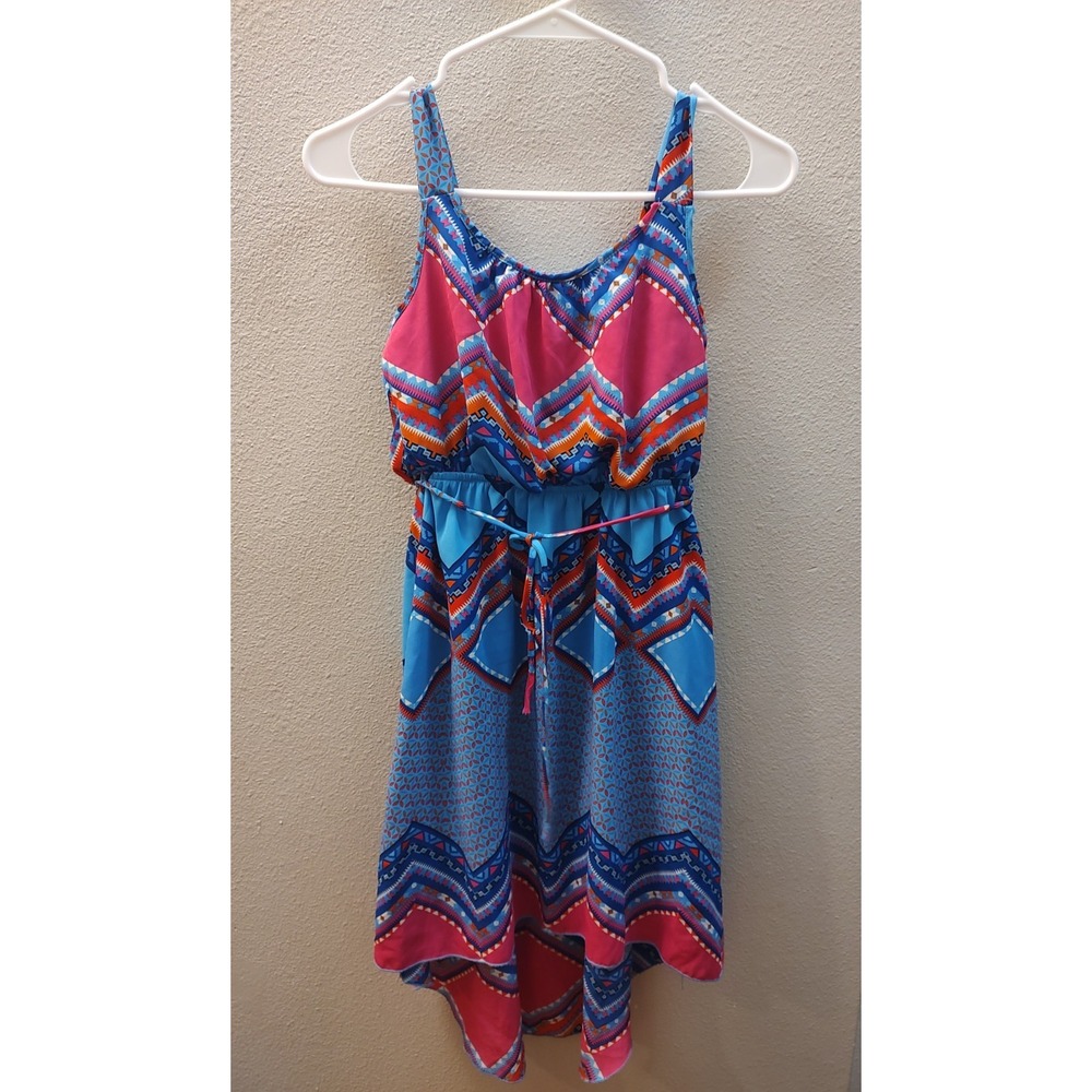 Paper Doll Girls Size 12 Dress Blue Aztec Geometric Print High Low B17